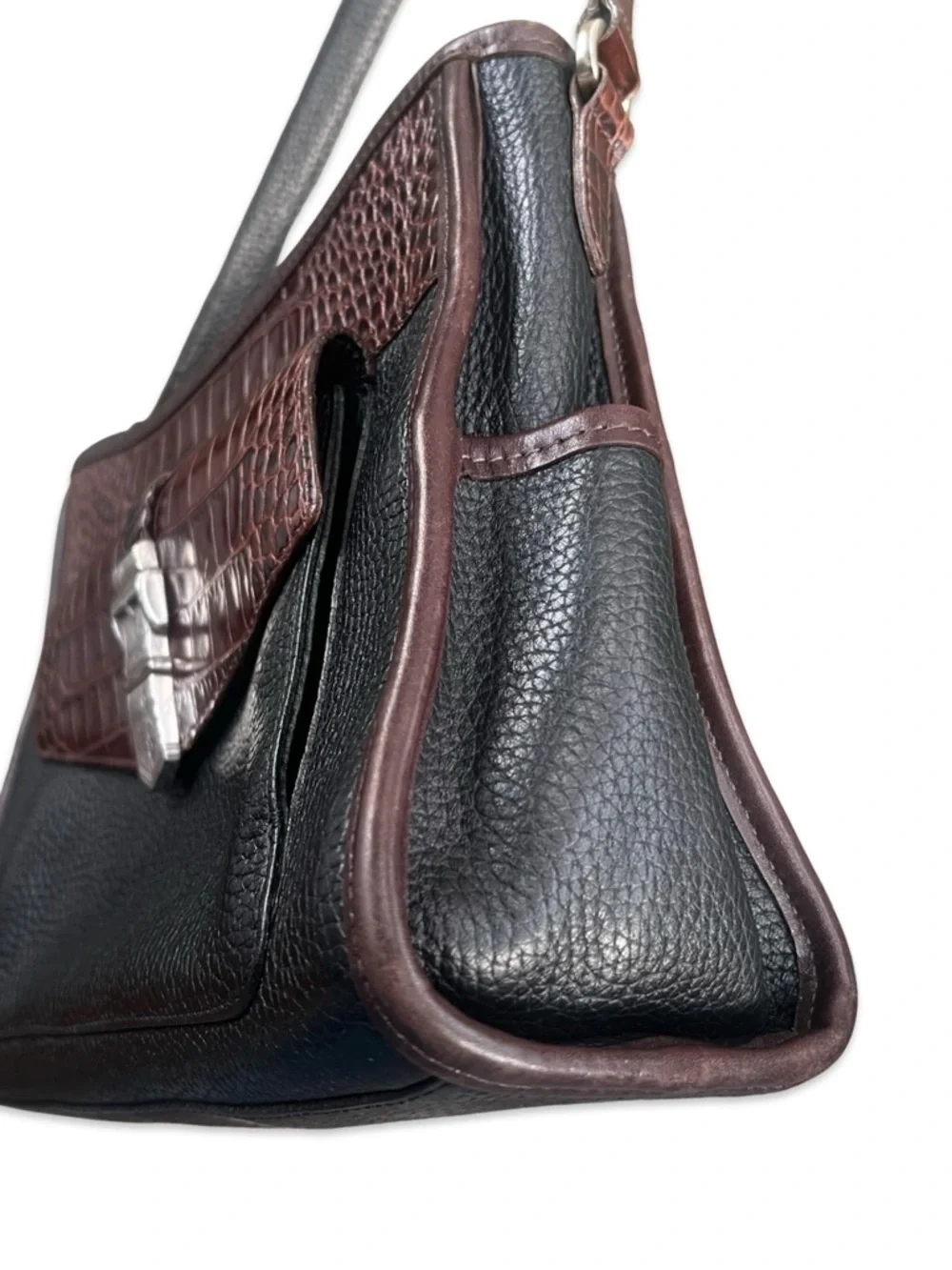 Brighton Collection Buckle Shoulder Bag Black and Tan with Croc Embossed Accents - Picture 6 of 15